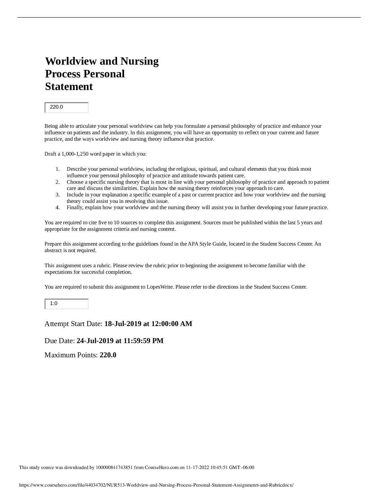 Preview image for NUR 513 Worldview and Nursing Process Personal Statement Assignment and Rubric, Latest 2022